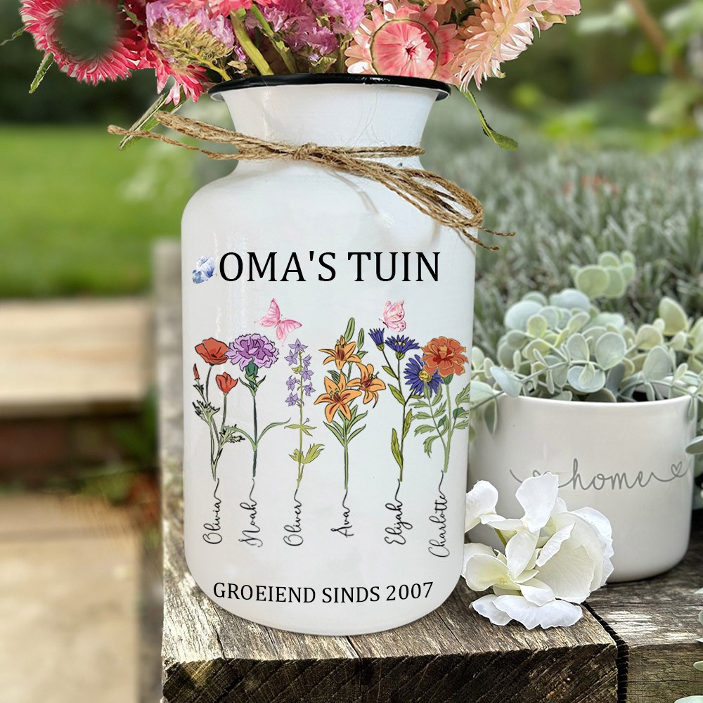 Gepersonaliseerde oma's tuin geboortebloem familie vaas met namen van kleinkinderen uniek woondecoratie cadeau voor mama oma Moederdag cadeau-ideeën