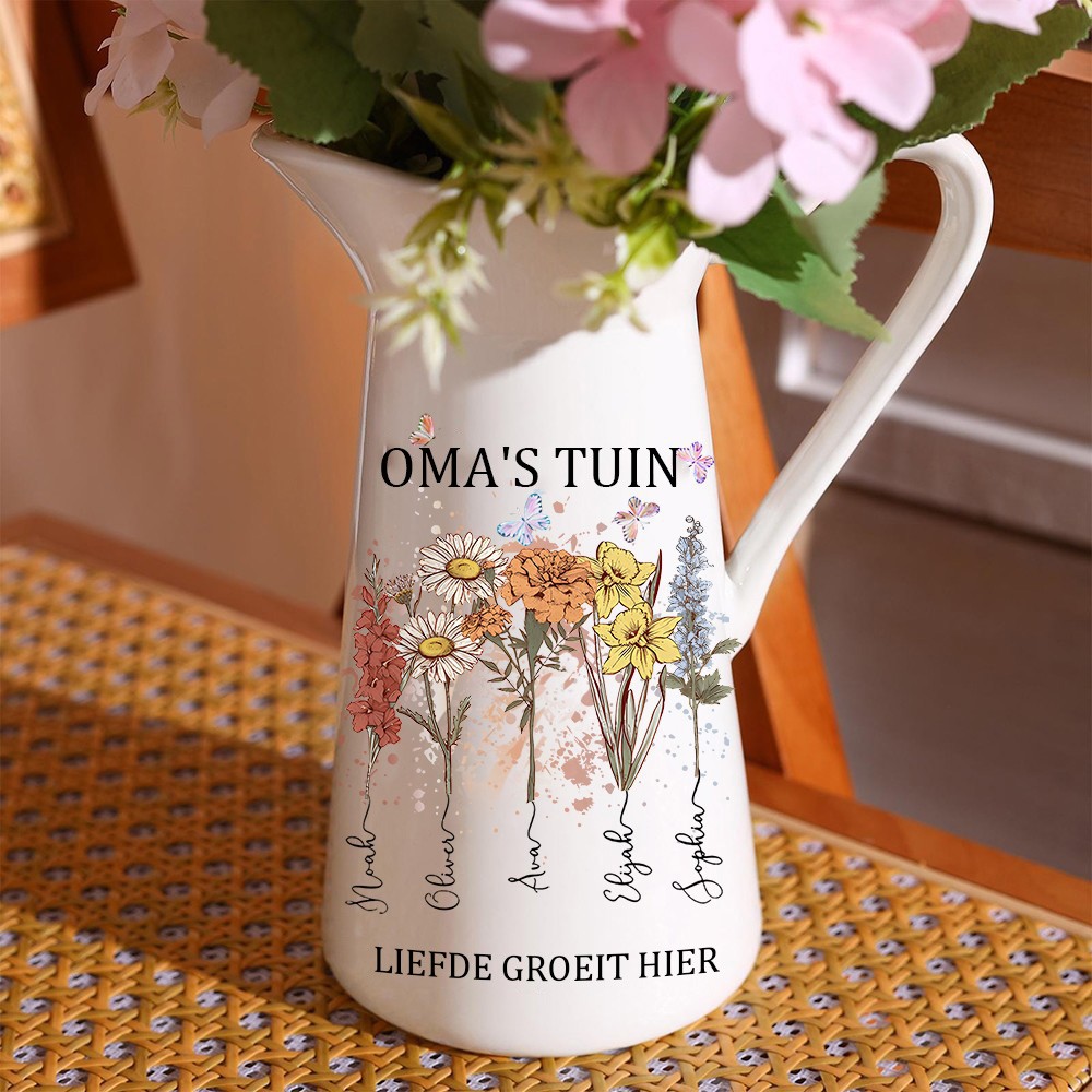 Gepersonaliseerde oma's tuin aquarel geboortemaand bloemenvaas met namen van kleinkinderen, uniek familie cadeau voor moeder, oma, Moederdag cadeau-ideeën