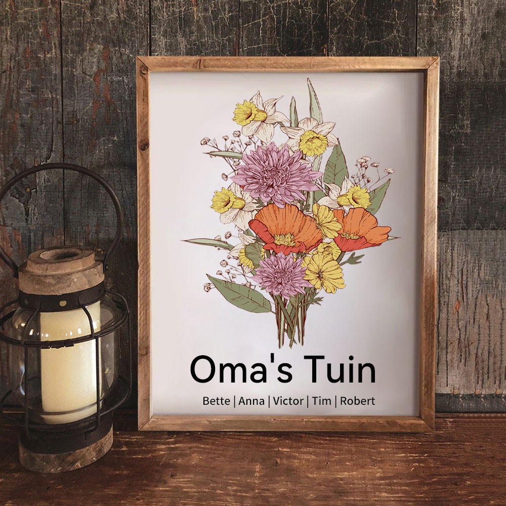 Gepersonaliseerd Oma's Tuin Geboortemaand Bloemenboeket Bord met Houten Frame - Moederdagcadeaus, Uniek Namen Cadeau voor Mama, Oma