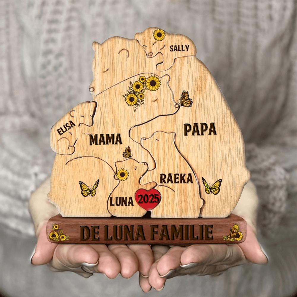 Gepersonaliseerde houten puzzelblokken met zonnebloem en berenfamilie, met kindernamen, cadeau voor moeder en oma. Unieke cadeau-ideeën voor Moederdag.