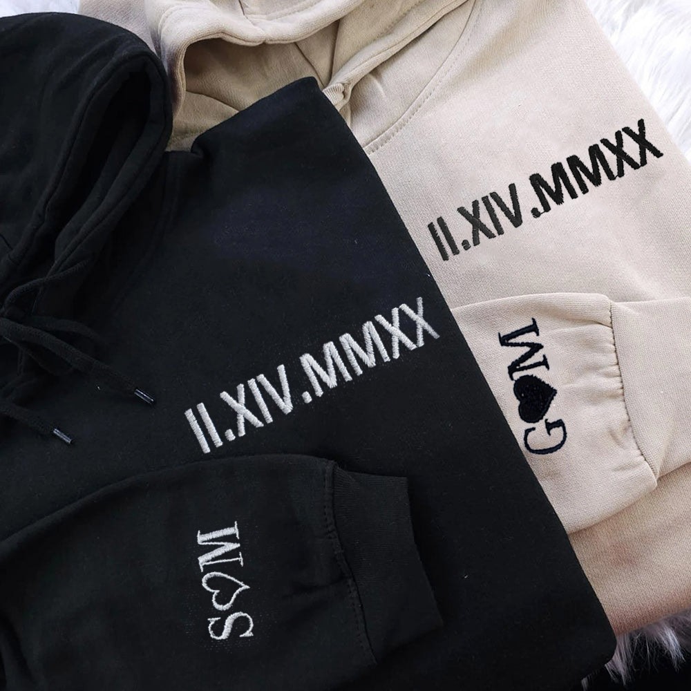 Aangepaste geborduurde Romeinse cijfers Sweatshirt Hoodie Koppel cadeau-ideeën Jubileumcadeaus