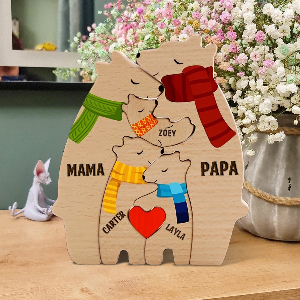 Gepersonaliseerde houten puzzelblokken met sjaal in de vorm van een beerfamilie met unieke namen. Cadeau voor moeder en oma. Ideeën voor Moederdagcadeaus.