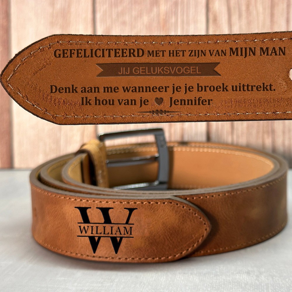 Gepersonaliseerde leren herenriem met de tekst "Gefeliciteerd met het feit dat je mijn man bent geworden", uniek verjaardagscadeau, Vaderdagcadeau voor je man