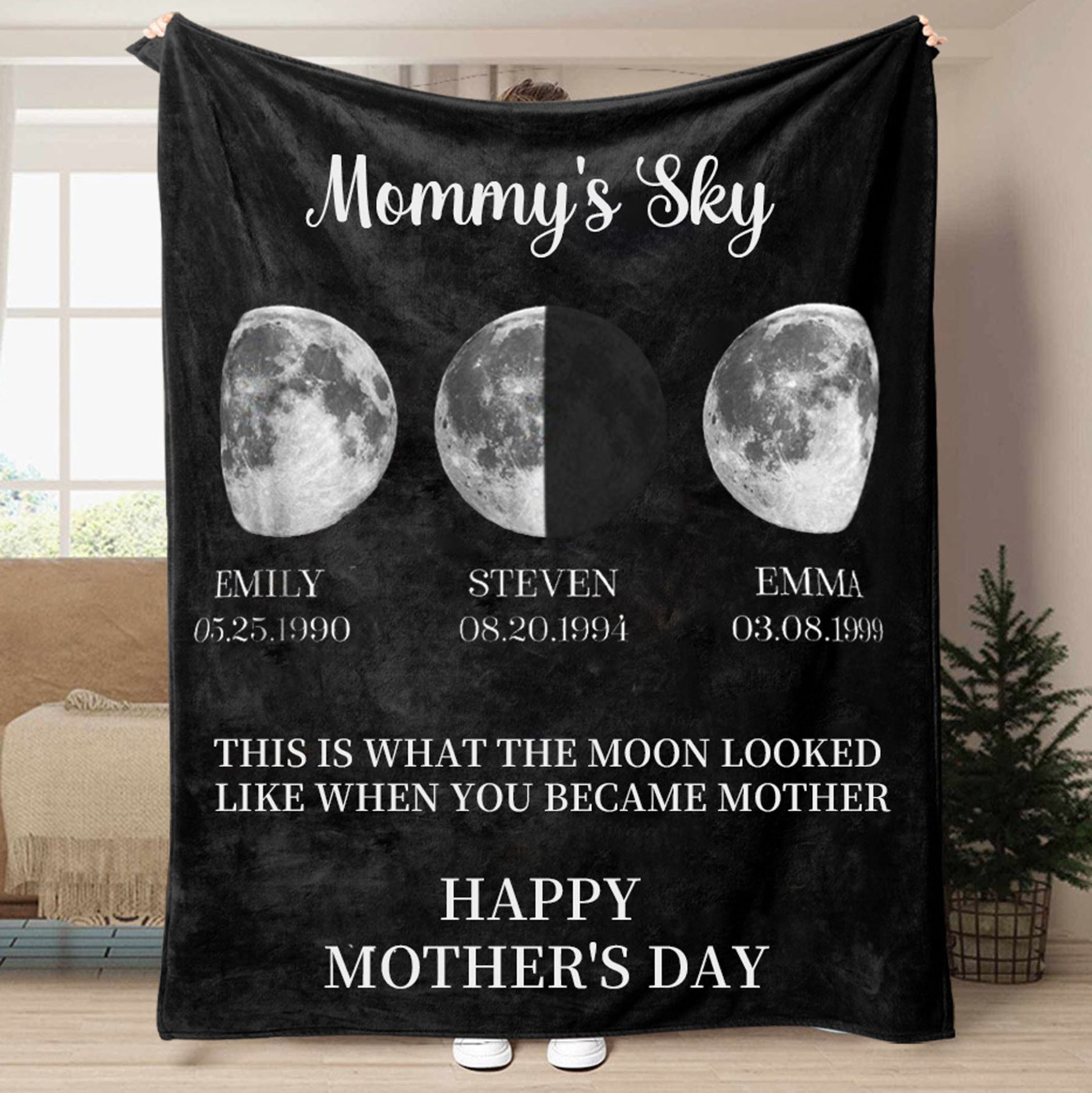 Gepersonaliseerde Mommy's Sky Moon Phase-deken met kindernamen, aandenken voor mama, ideeën voor Moederdagcadeaus