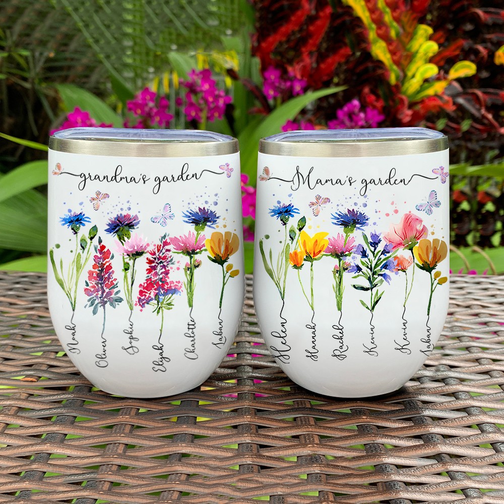 Gepersonaliseerde Mama's Garden Geboortebloem Wijnglas met Namen Cadeaus voor Oma Moeder Moederdag Cadeau-ideeën