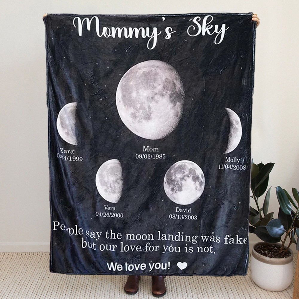 Gepersonaliseerde Mommy's Sky Moon Phase Familiedeken met kindernamen Uniek verjaardagscadeau voor mama
