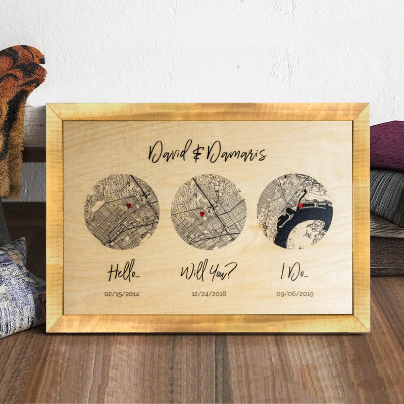 Gepersonaliseerd houten locatiekaart voor koppels, jubileumcadeau voor echtgenote en echtgenoot, unieke huwelijkscadeaus