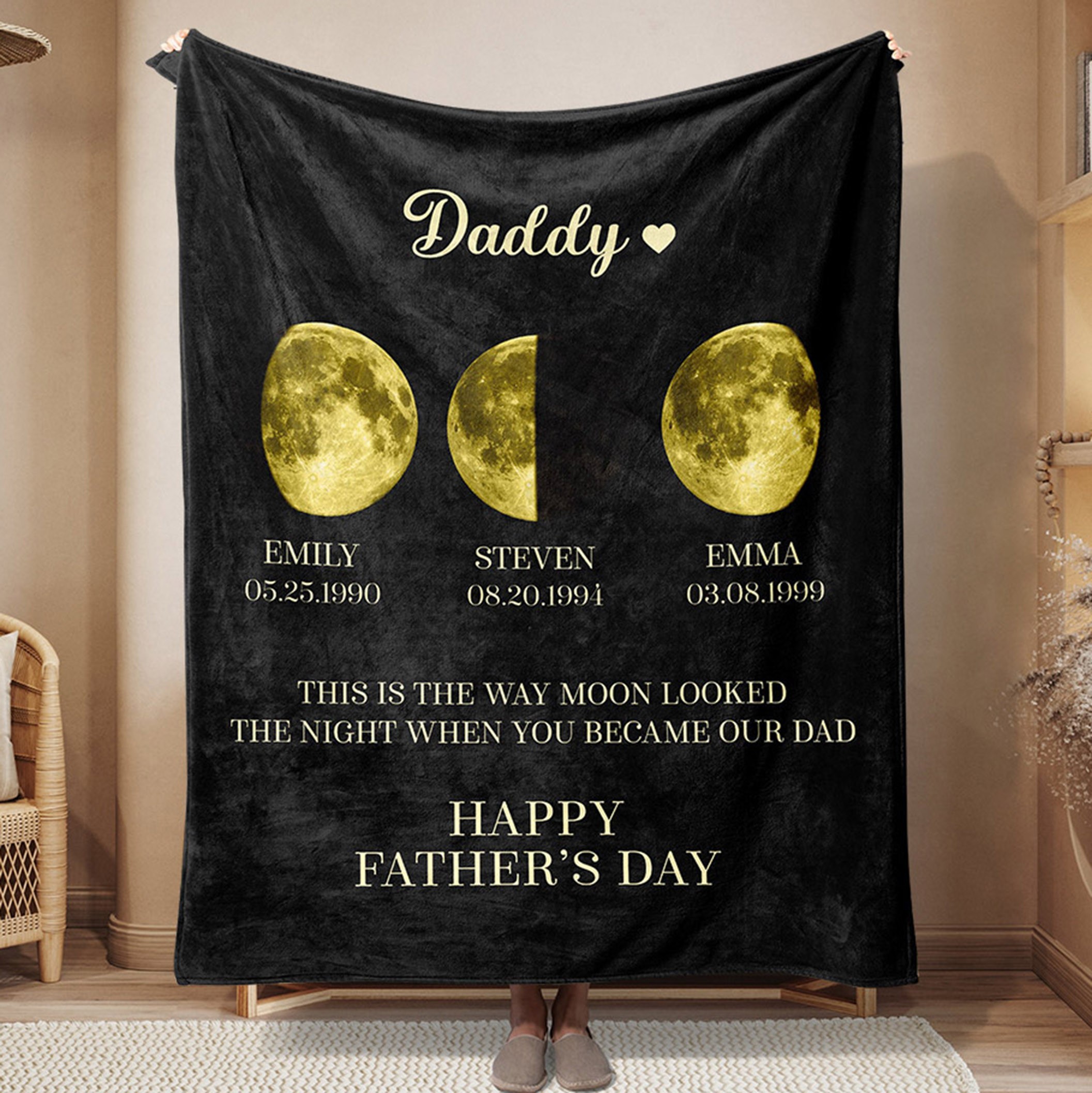 Gepersonaliseerde maanfasedeken met kindernamen Cadeaus voor papa Betekenisvol Vaderdagcadeau