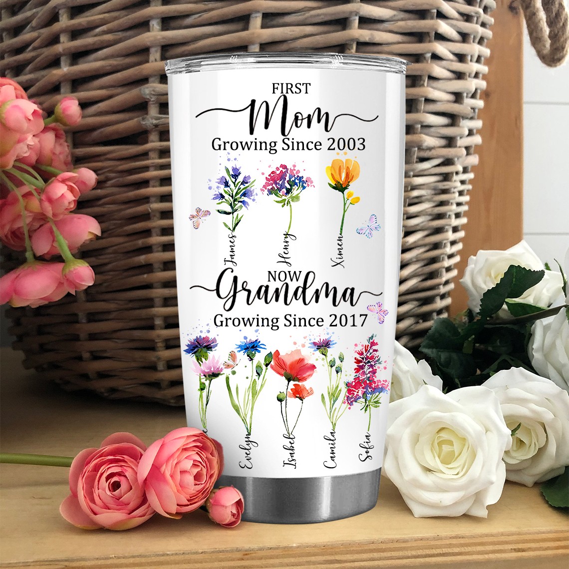 Gepersonaliseerde eerste moeder, nu oma geboortebloembeker met kindernamen Cadeau voor moeder, oma, kerstcadeaus