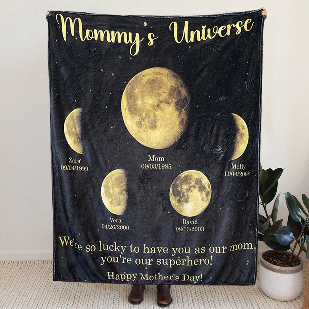 Gepersonaliseerde Mommy's Universe Moon Phase Deken met kindernamen Uniek cadeau voor mama