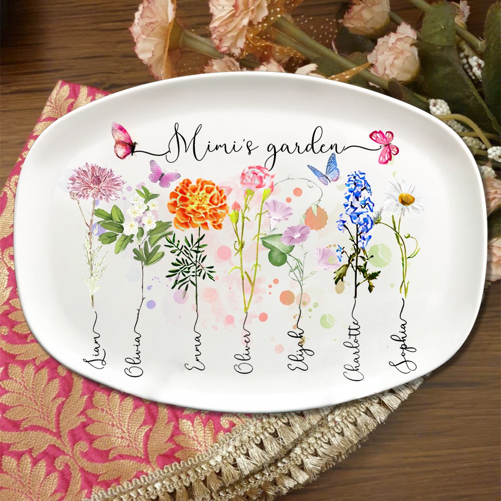 Aangepaste Mimi's Garden Art Print Geboortebloem Familie Platter Uniek cadeau voor oma Moeder Moederdag cadeau-ideeën