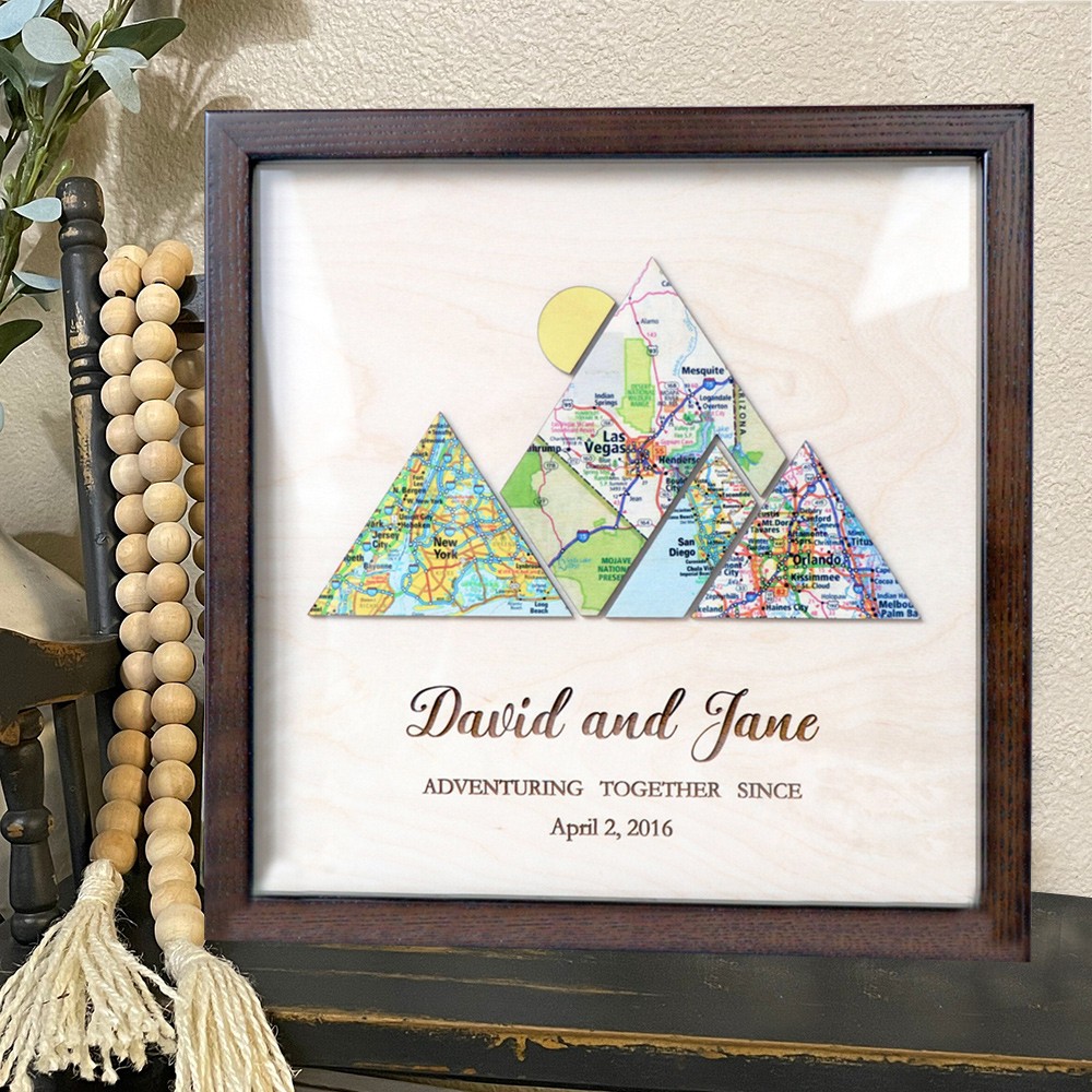 Gepersonaliseerde houten reiskaart, avontuurlijke bergkaart, cadeaus voor koppels, jubileumcadeau-ideeën, kerstcadeau