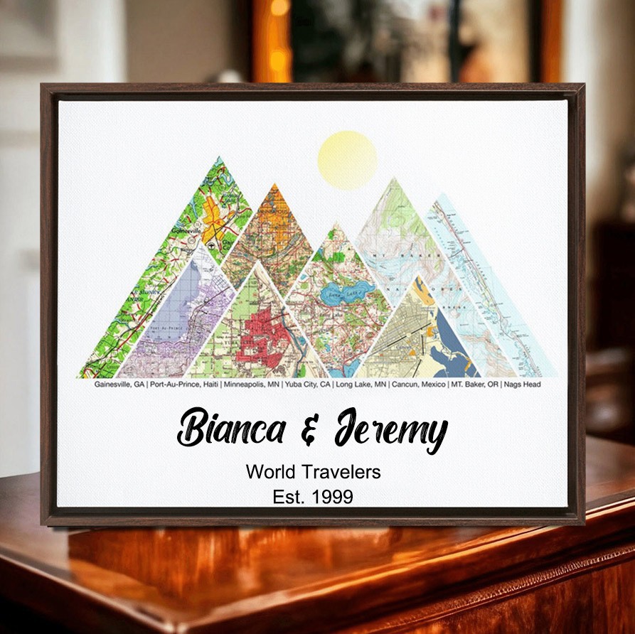 Gepersonaliseerde Adventure Travel Map Print Ingelijste Mountain Wall Art Unieke geschenken voor koppels Jubileumcadeau Kerstcadeau