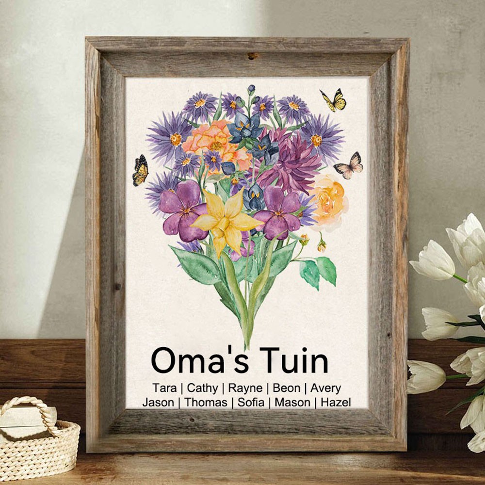 Gepersonaliseerde Oma's Tuin Boeket Aquarel Geboortebloemen Lijst - Uniek Familiecadeau voor Mama, Oma, Moederdagcadeau-ideeën