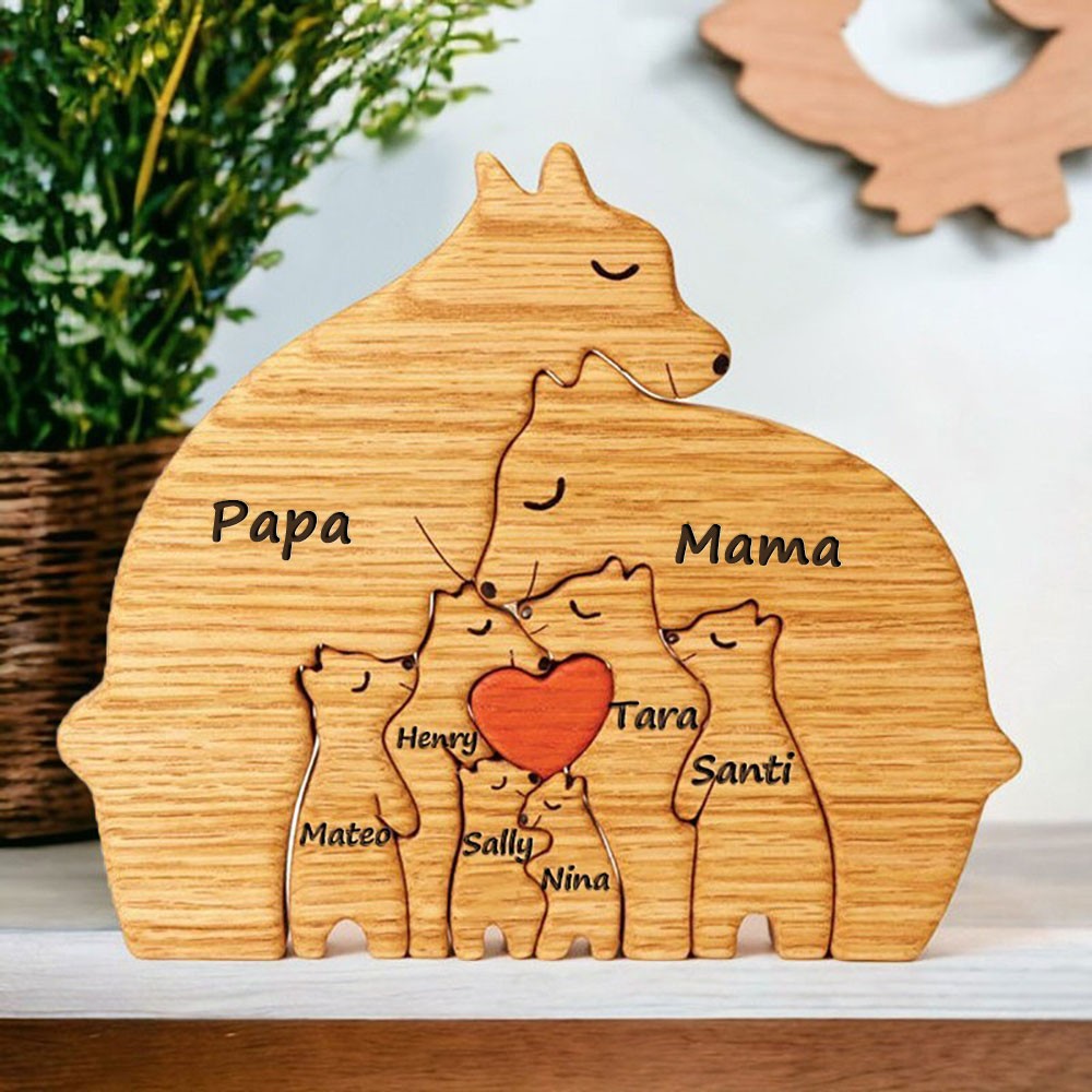 Gepersonaliseerde houten knuffelbeer-familiepuzzelblokken met kindernamen: een uniek cadeau voor moeder en oma. Ideeën voor Moederdagcadeaus.