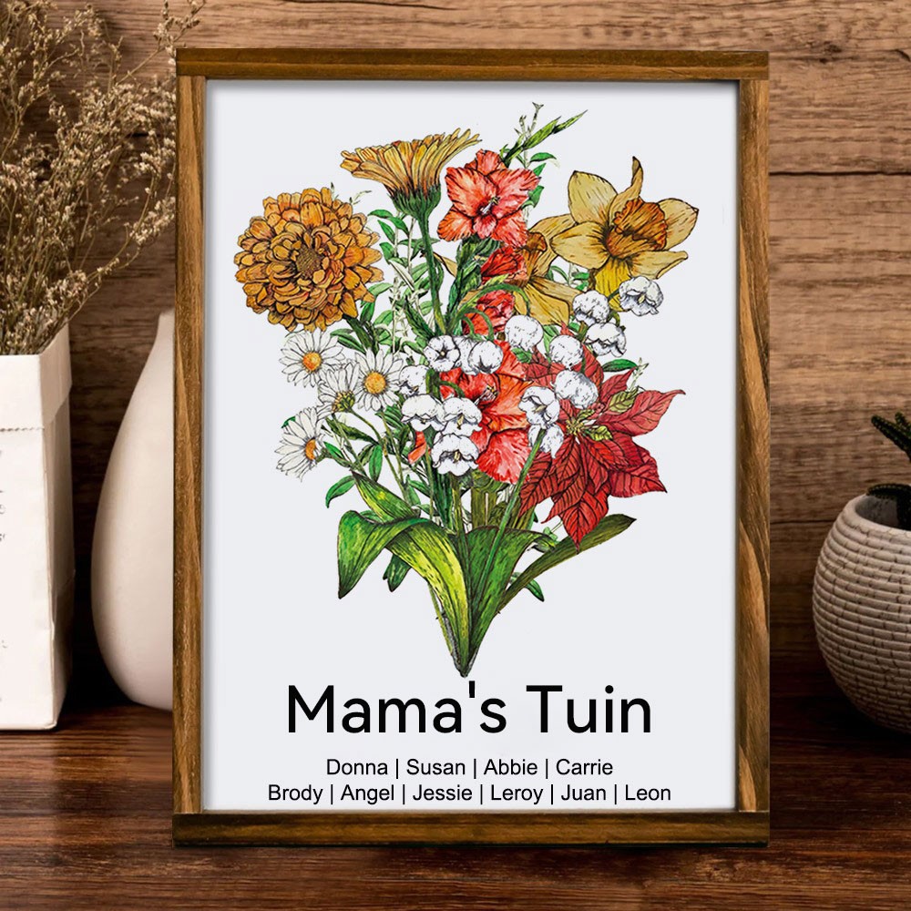 Gepersonaliseerd Mama's Tuin Geboortebloemen Familieboeket Fotolijst Bord met Namen van Kinderen - Hartverwarmend Cadeau voor Mama, Oma - Moederdag Cadeau-ideeën