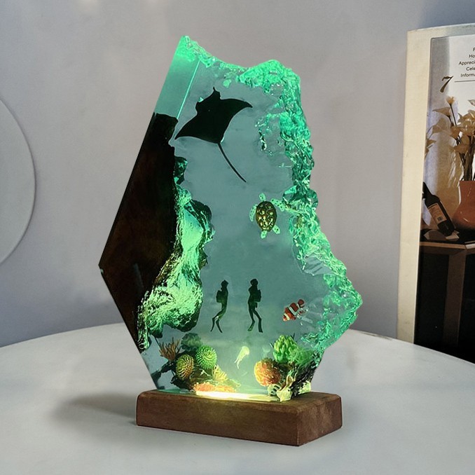 Nachtlampje Manta Rays en Koppel Duiker Hars Houten Lamp Valentijnsdag Cadeau Voor Haar Koppel Cadeau Voor Hem Verjaardagscadeau Ideeën