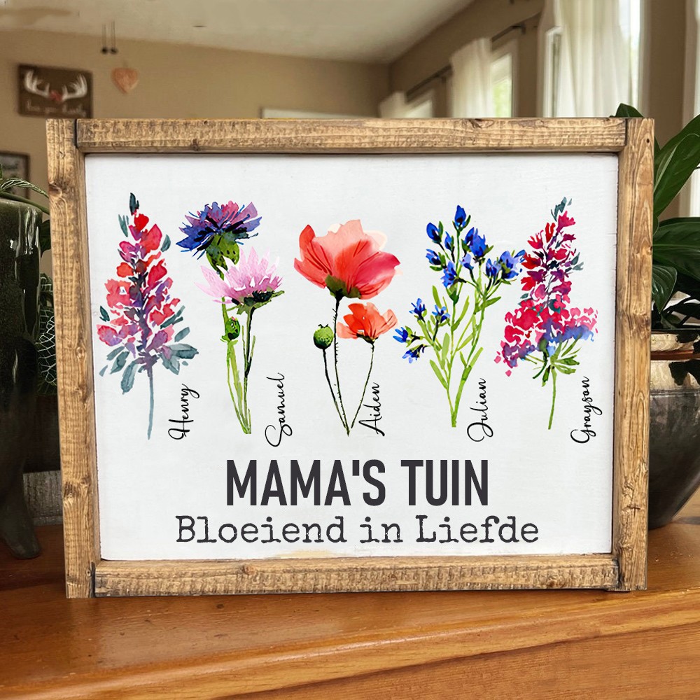 Gepersonaliseerde Mama's Tuin Kunstprint Geboortebloem Lijstbord Houten Familielijst Met Kinderen Namen Uniek Cadeau Voor Mama en Oma Moederdagcadeaus