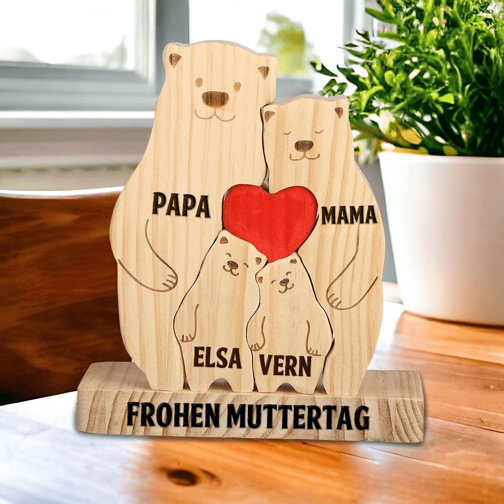 Gepersonaliseerde houten puzzelblokken met gegraveerde namen in de vorm van een berenfamilie. Uniek cadeau voor moeder en oma. Ideeën voor Moederdagcadeaus.