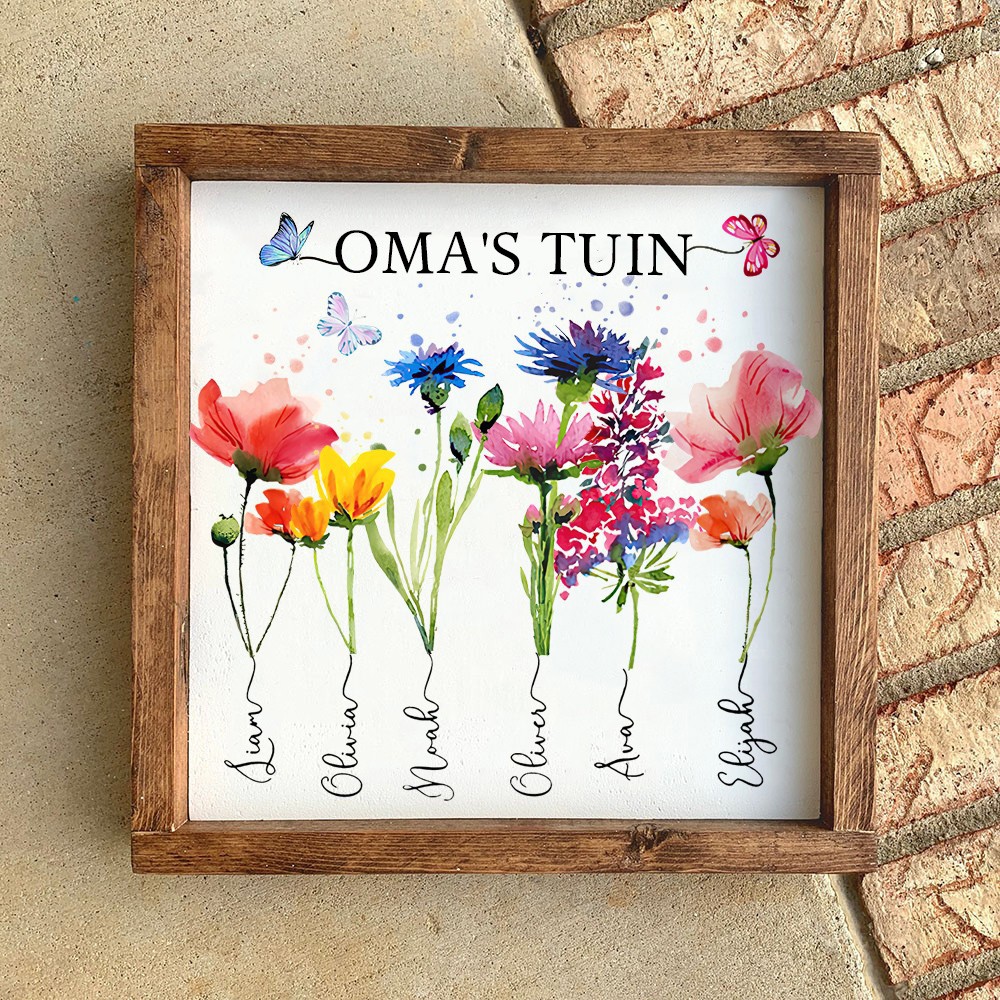 Gepersonaliseerde "Oma's Tuin" Kunstdruk met Geboortebloemen en Namen | Familie Schild in Houten Lijst, Uniek Cadeau voor Mama & Oma, Moederdagcadeau