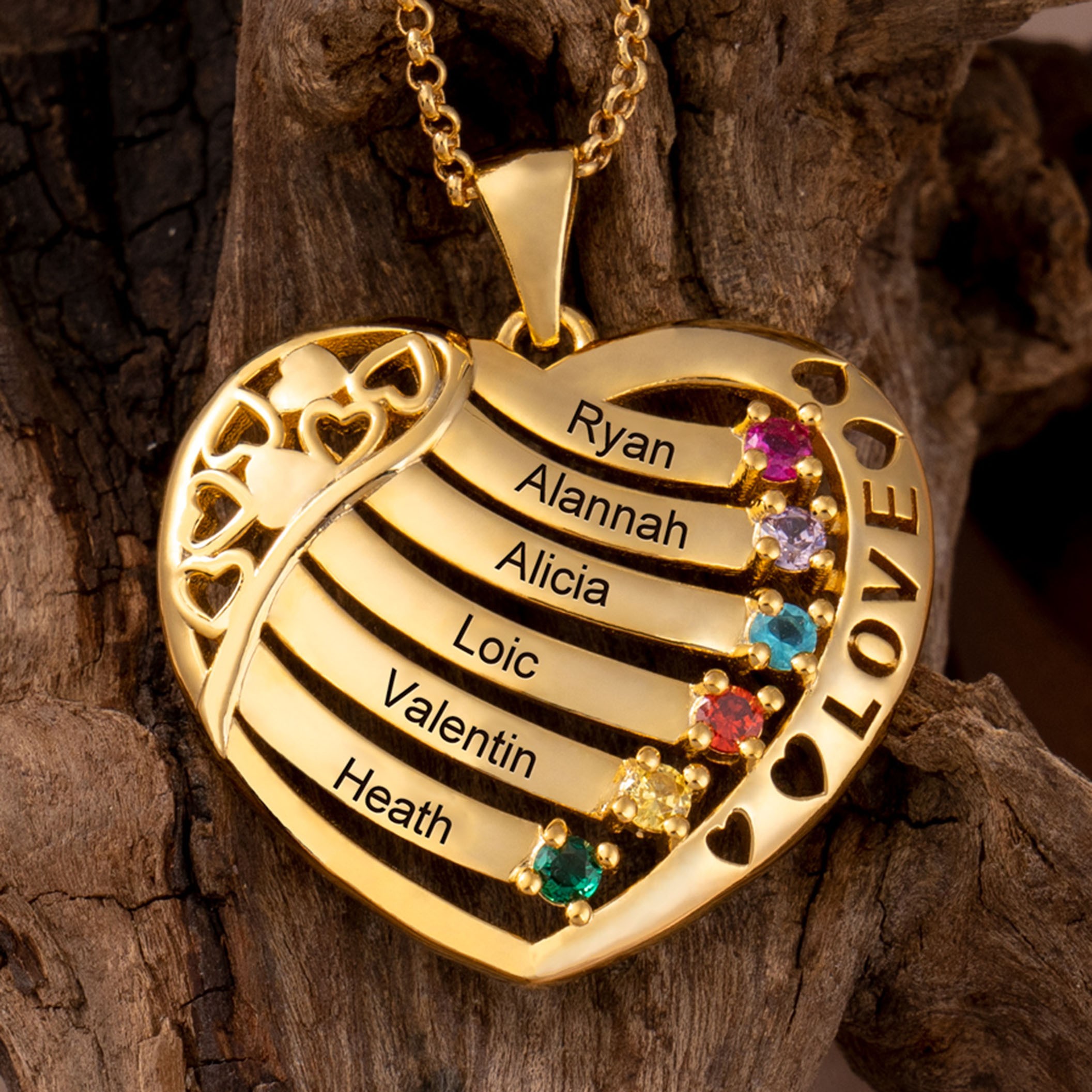 Aangepaste hartvormige ketting met gegraveerde namen en geboortestenen Ontwerp unieke cadeaus voor moeder en oma