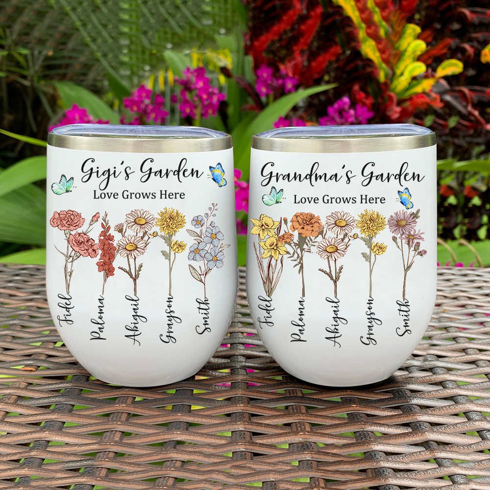 Gepersonaliseerde Gigi's Garden Love Grows Here Geboortebloem Wijnglas Moederdagcadeaus Herinneringscadeaus voor mama Oma