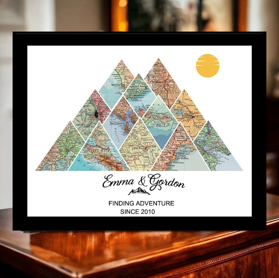 Avontuurlijke reiskaart Frame Bergwandkunst Gepersonaliseerd jubileumcadeau voor vrouw en echtgenoot Kerstcadeau