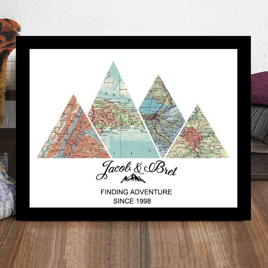 Aangepaste Adventure Travel Map Mountain Wall Art voor koppels, jubileumgeschenken, familie- en kerstcadeaus