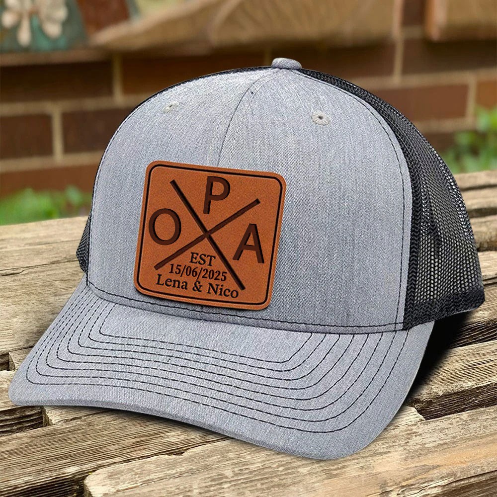 Gepersonaliseerde zomerzonnehoed van echt leer met datum en naam van het kind, cadeau-idee voor een nieuwe vader, betekenisvol cadeau voor vaders, cadeau voor Vaderdag