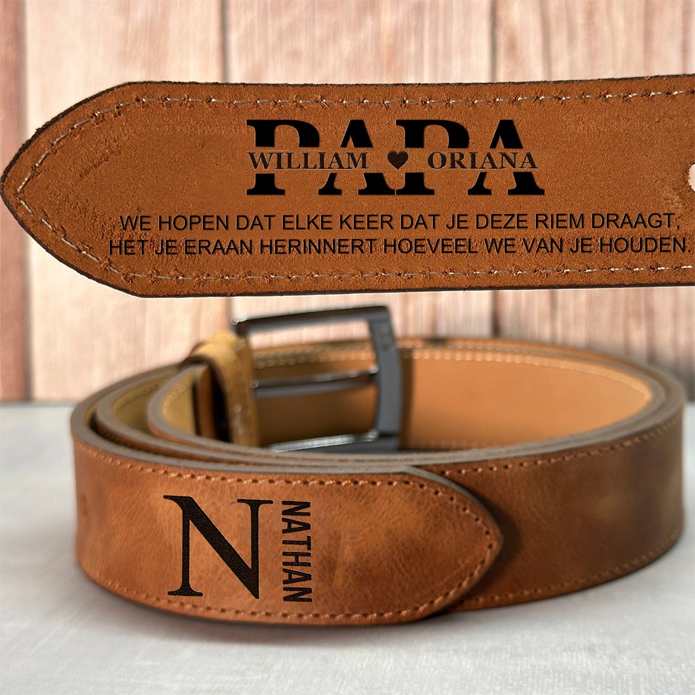 Gepersonaliseerde handgemaakte leren riem voor vaders met gegraveerde naam, attent verjaardagscadeau voor vaders, uniek cadeau voor Vaderdag