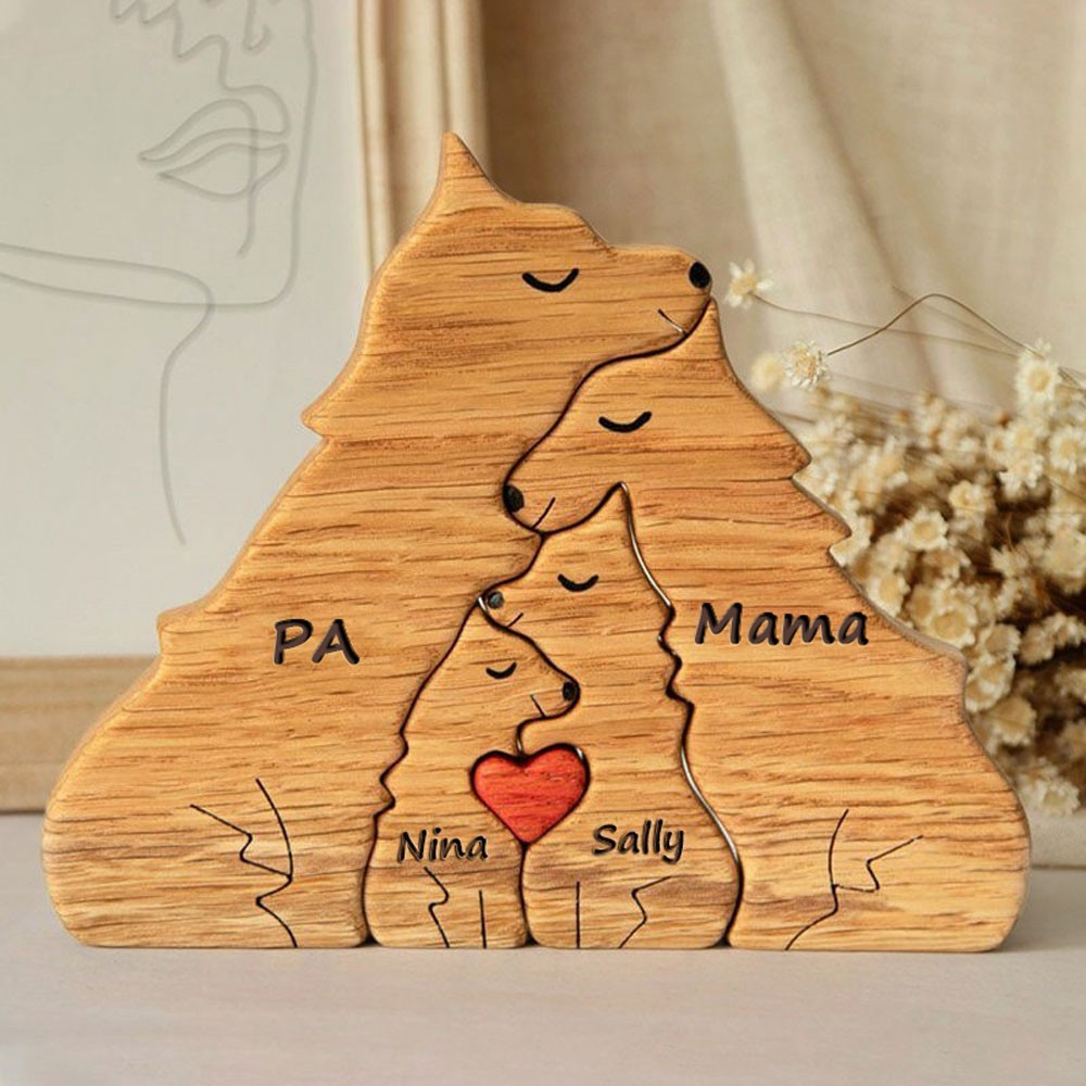 Gepersonaliseerde houten puzzels met wolffamilieblokken en kindernamen: unieke cadeaus voor moeder en oma. Ideeën voor Moederdagcadeaus.