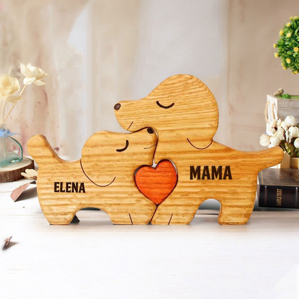 Gepersonaliseerde houten puzzelblokken met hondenfamilie en kindernamen: een uniek cadeau voor moeder en oma. Ideeën voor Moederdagcadeaus en verjaardagscadeaus voor kinderen.
