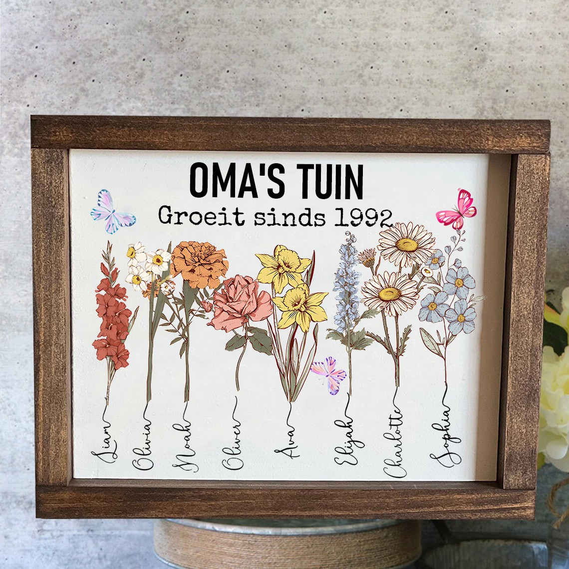 Gepersonaliseerde Kunstprint Oma's Tuin Aquarel Geboortebloemen Naambord Met Houten Lijst Uniek Herinneringscadeau voor Mama Oma Moederdag Cadeau-ideeën