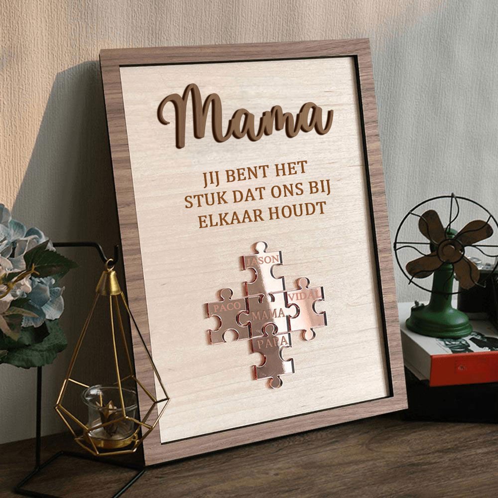 Gepersonaliseerde houten puzzel met de naam van je moeder, jij bent het stukje dat ons bij elkaar houdt. Uniek cadeau voor moeder en oma. Ideeën voor Moederdagcadeaus.
