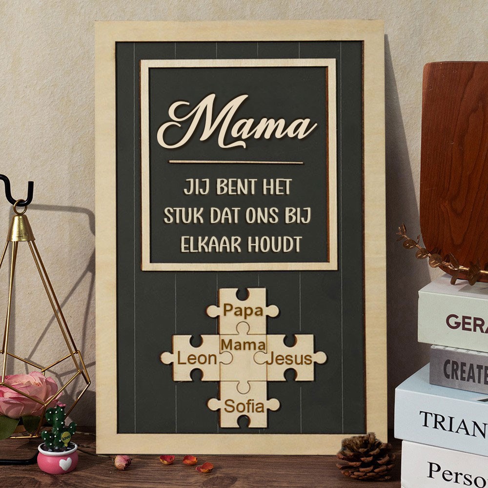 Gepersonaliseerde houten puzzel met de naam van de moeder: "Jij bent het stukje dat ons bij elkaar houdt". Unieke cadeau-ideeën voor Moederdag. Cadeau voor een nieuwe moeder.