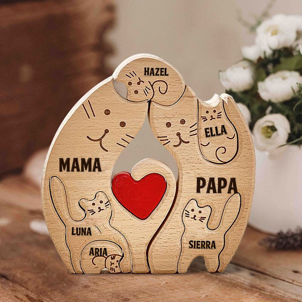 Gepersonaliseerde houten puzzelblokken met kattenfamilie en namen van de leden. Uniek cadeau voor moeder en oma. Ideeën voor Moederdagcadeaus.