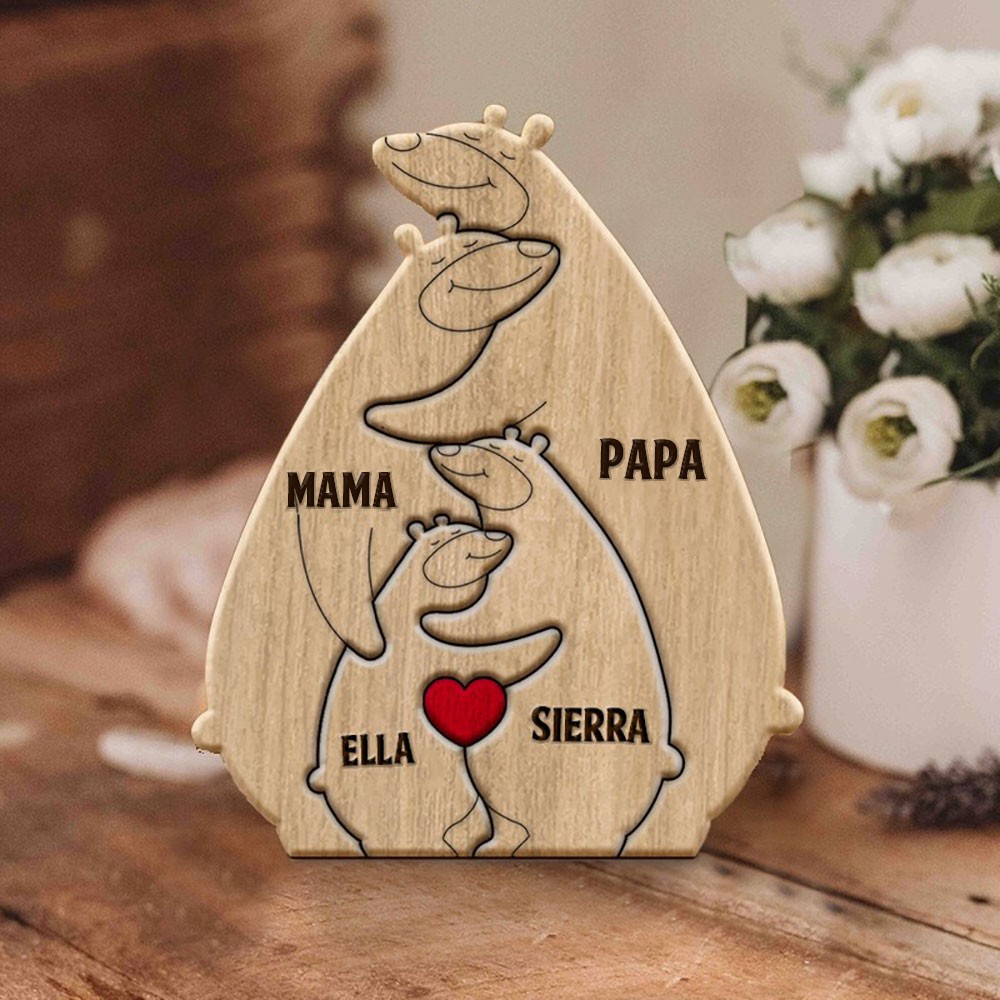 Gepersonaliseerde houten puzzel met de namen van de kleinkinderen in de vorm van een berenfamilie. Cadeau voor oma en moeder. Ideeën voor Moederdagcadeaus.