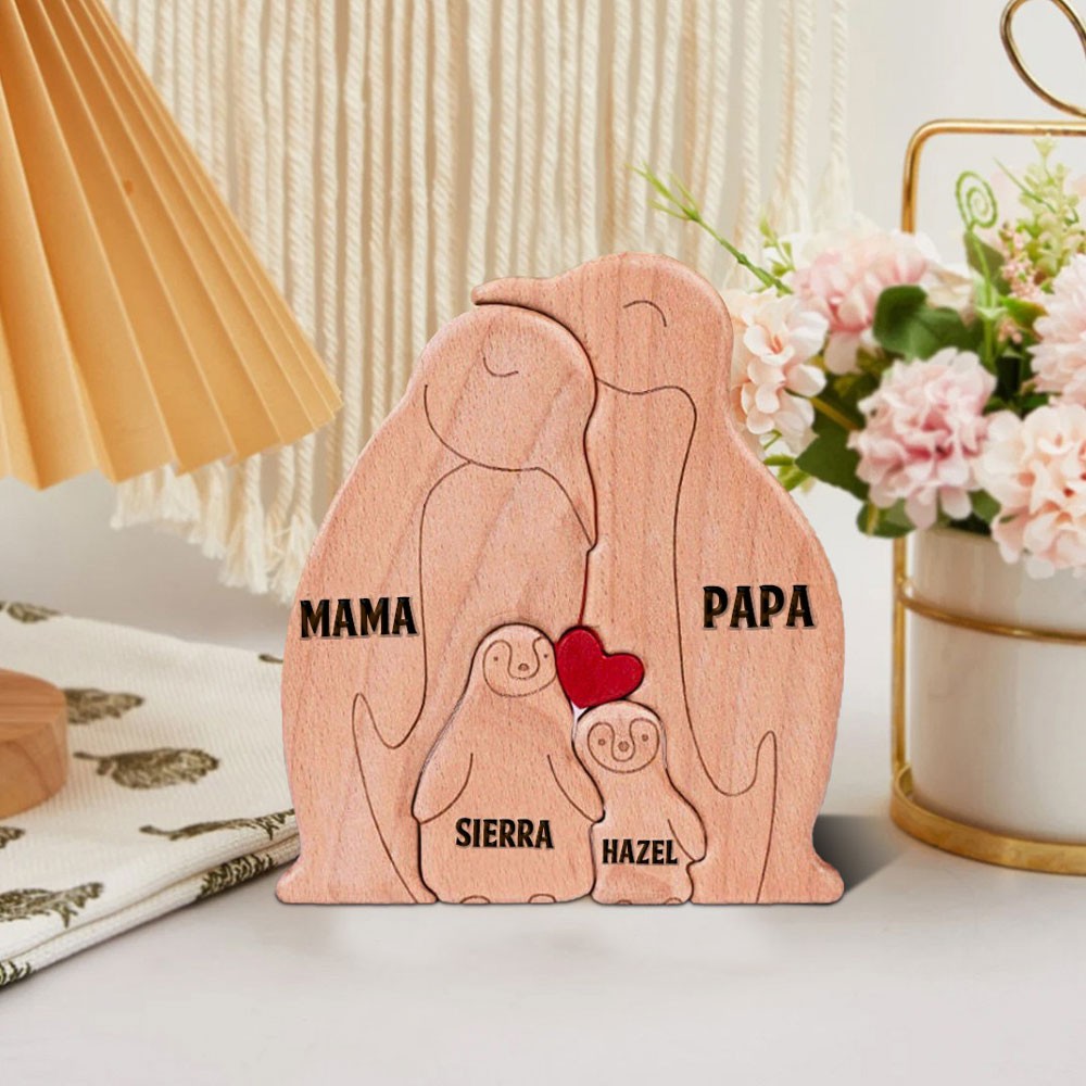 Gepersonaliseerde houten puzzelblokken met pinguïnfamilie en kindernamen. Uniek aandenken voor moeder en oma. Cadeau-ideeën voor Moederdag.