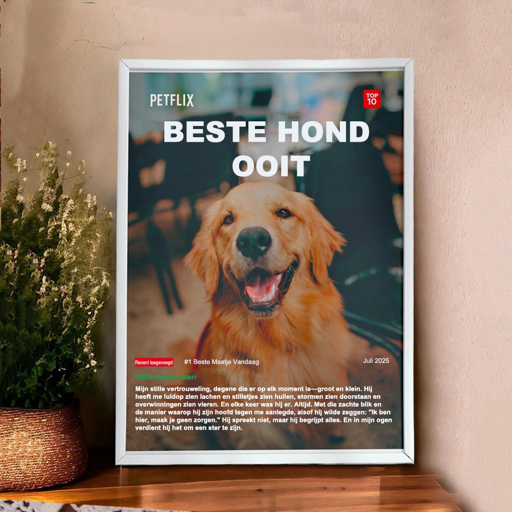 Gepersonaliseerde Netflix-poster met huisdierenfoto. Een uniek cadeau voor dierenliefhebbers. Een aandenken voor het hele gezin, een hartverwarmend verjaardagscadeau voor je trouwe viervoeter.