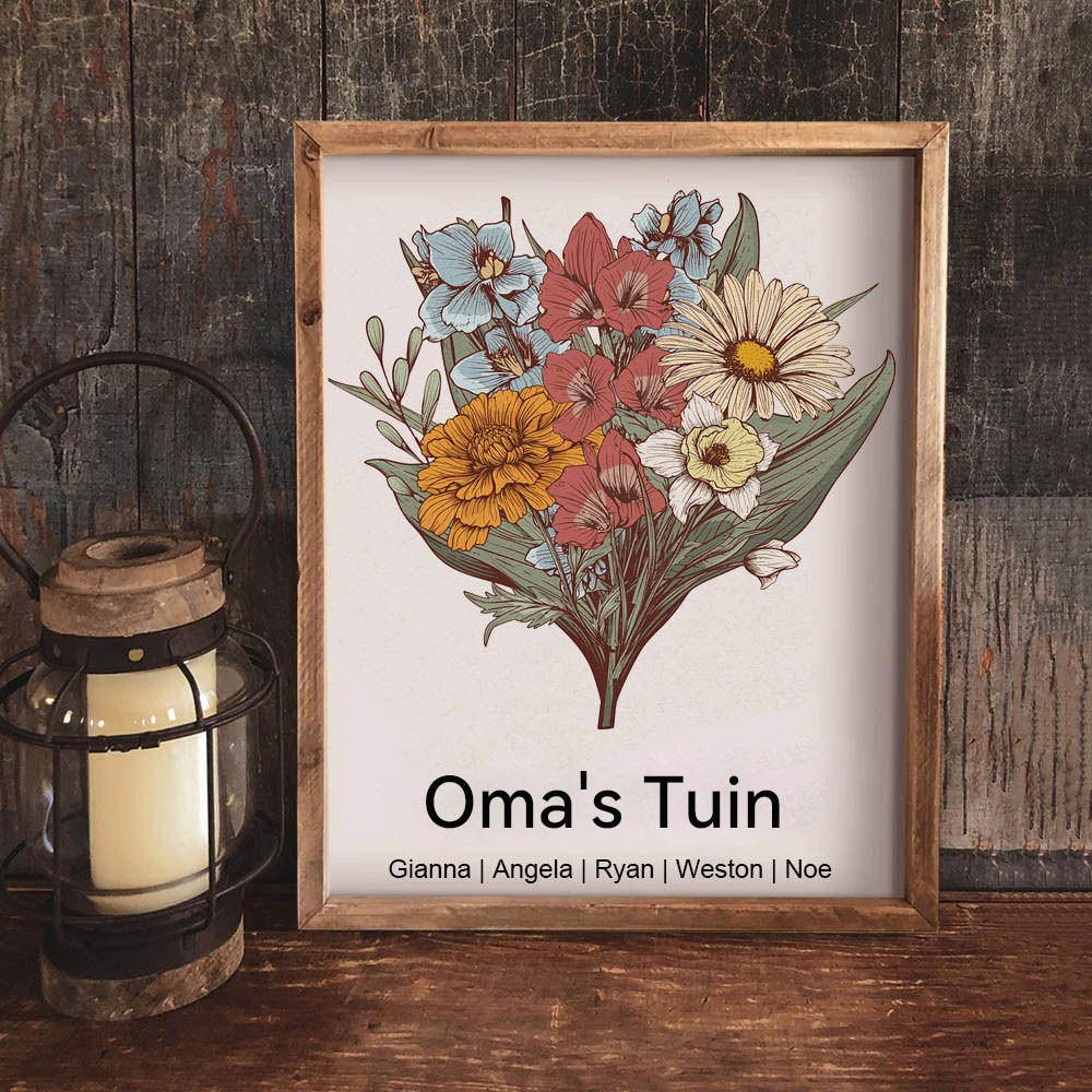 Gepersonaliseerde Kunstprint Oma's Tuin Boeket Geboortebloem Lijst Teken met Namen Kleinkinderen Uniek Cadeau voor Mama Oma Moederdag Cadeau