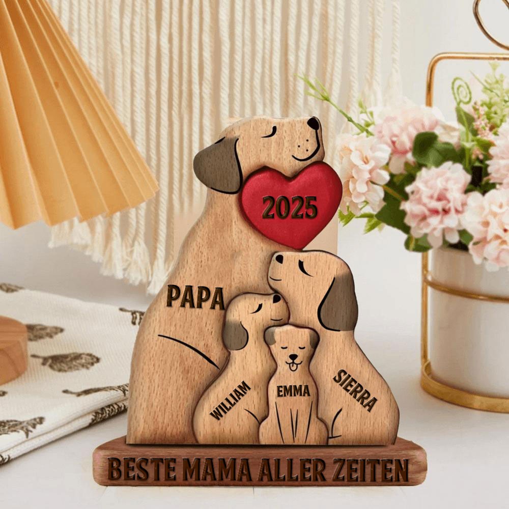 Gepersonaliseerde houten puzzelblokken met hondenfamilie en kindernamen. Uniek verjaardagscadeau voor moeder en oma. Ideeën voor Moederdagcadeaus.