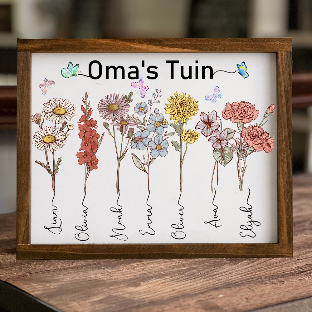 Gepersonaliseerd Houten Geboortebloem Lijstbord 'Oma's Tuin' met Namen van Kleinkinderen - Uniek Familiecadeau voor Moeder, Oma, Moederdagcadeau