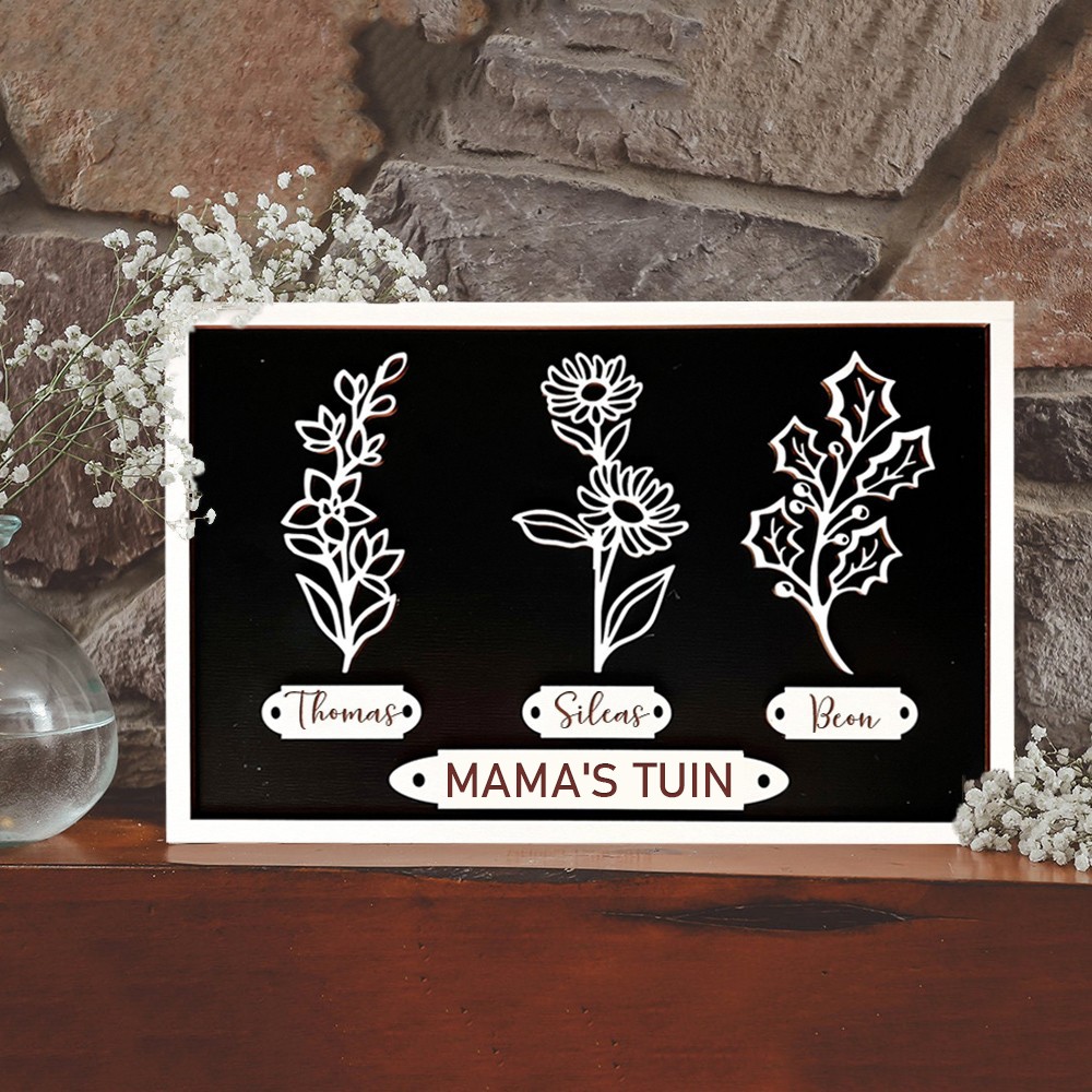 Gepersonaliseerd Mama's Tuin Geboortebloem Fotolijst Houten Familiebord met Namen Kleinkinderen Uniek Cadeau Voor Mama Oma Moederdag Cadeau-ideeën