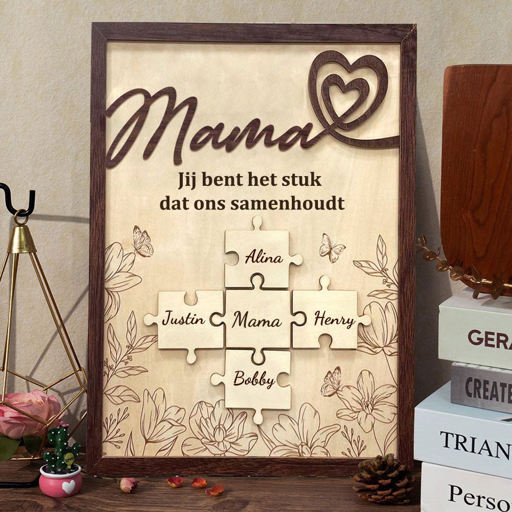 Op maat gemaakte mama, jij bent de houten puzzel die ons nauw met elkaar verbindt, met het naamlabel van het kind, een cadeau voor nieuwe moeders, een uniek Moederdaggeschenk