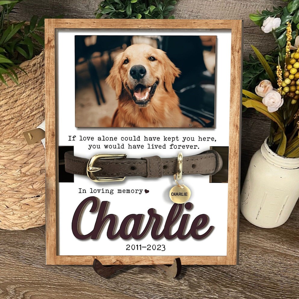 Gepersonaliseerd hondenherdenkingsframe met foto, huisdierhalsbandhouder, houten bord, aandenken, cadeau voor dierenliefhebbers