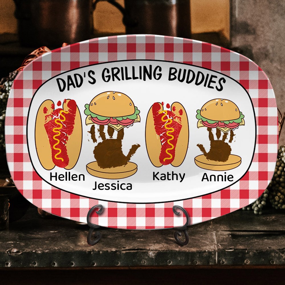Gepersonaliseerde handafdruk en voetafdruk Papa's grillvriendenbord met hamburger en hotdog Vaderdag cadeau-ideeën