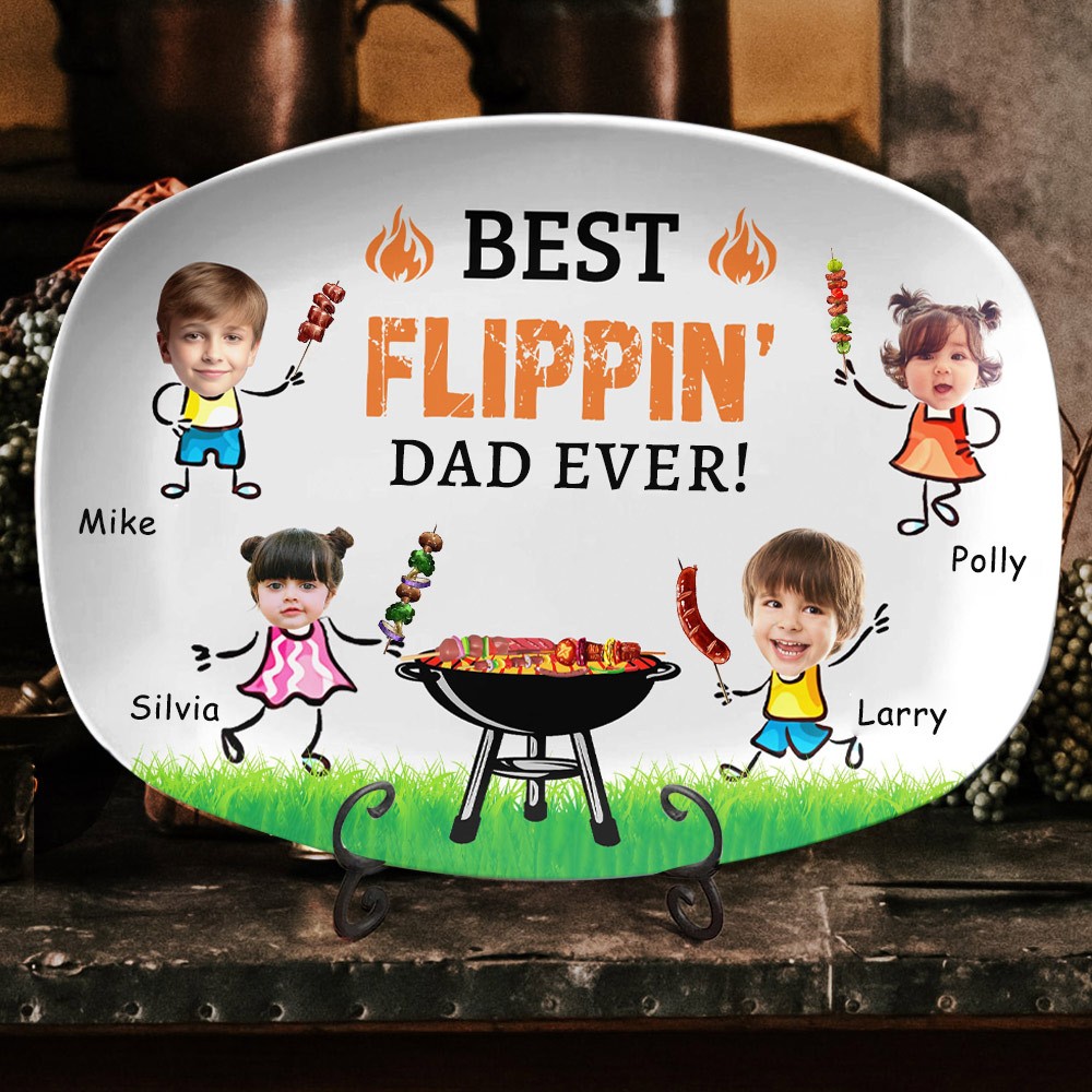 Gepersonaliseerde Best Flippin' Dad Ever BBQ-plaat met foto en naam van de kinderen Leuke cadeaus voor papa Vaderdagcadeau