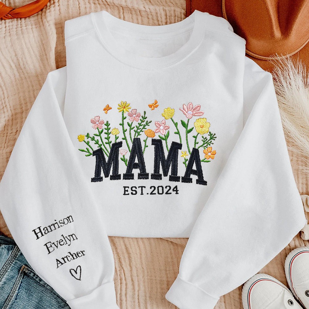 Aangepaste Mama Flower Grass geborduurde sweatshirt hoodie Moederdag cadeau Leuk cadeau voor mama oma