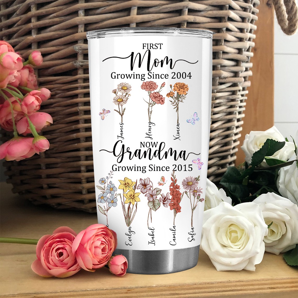 Gepersonaliseerde eerste moeder nu oma geboortemaand bloemenbeker voor kerstcadeaus aandenken cadeau voor moeder oma