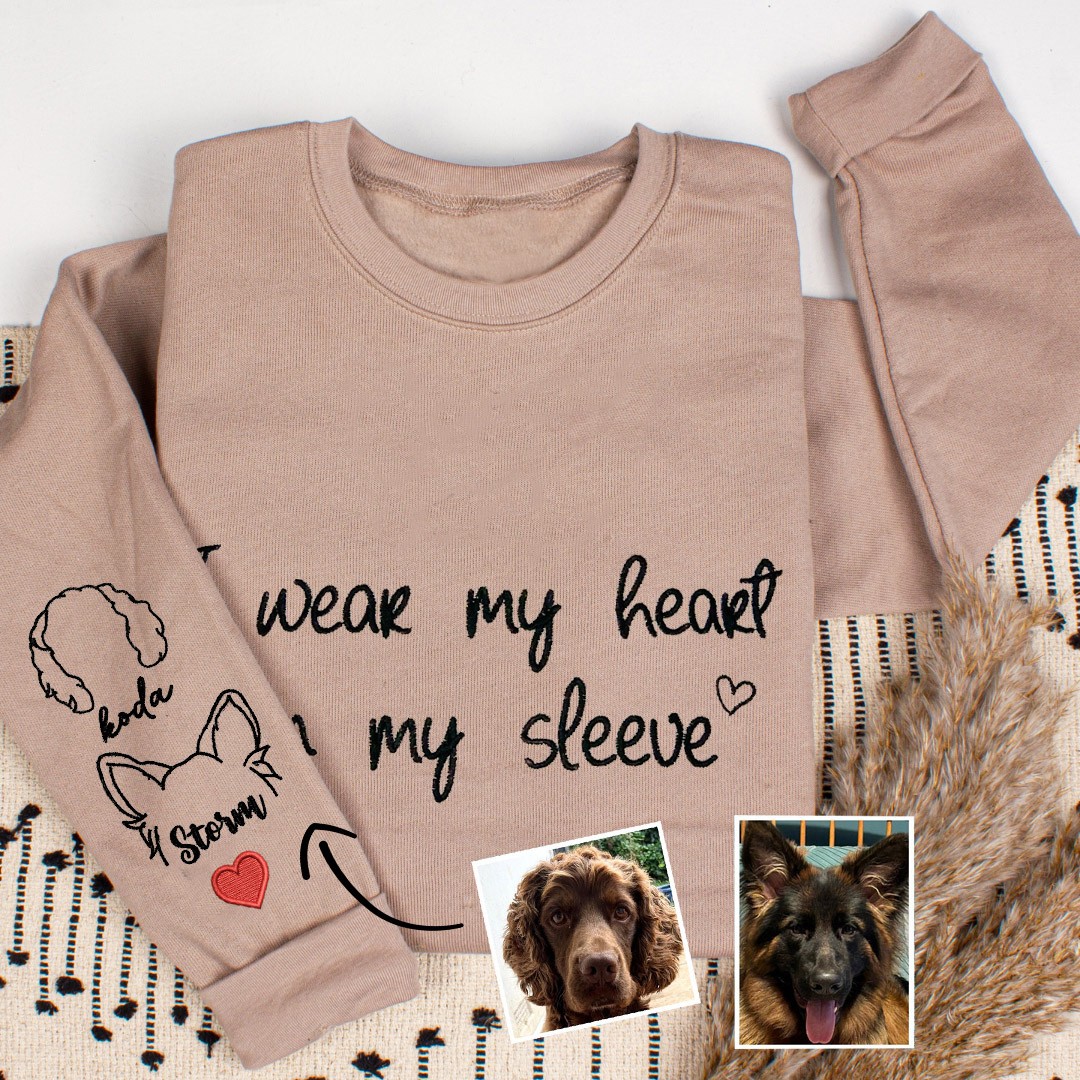 Aangepaste Pet Ears Outline Geborduurde Sweatshirt Hoodie Ik Draag Mijn Hart op Mijn Mouw Verjaardagscadeaus voor Dierenliefhebbers